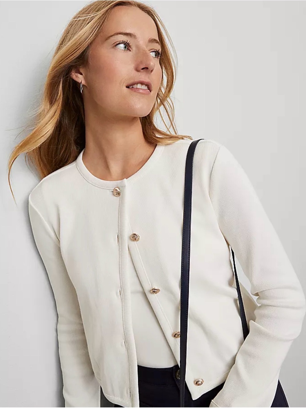 Ann Taylor White Knit Cardigan with Gold Buttons